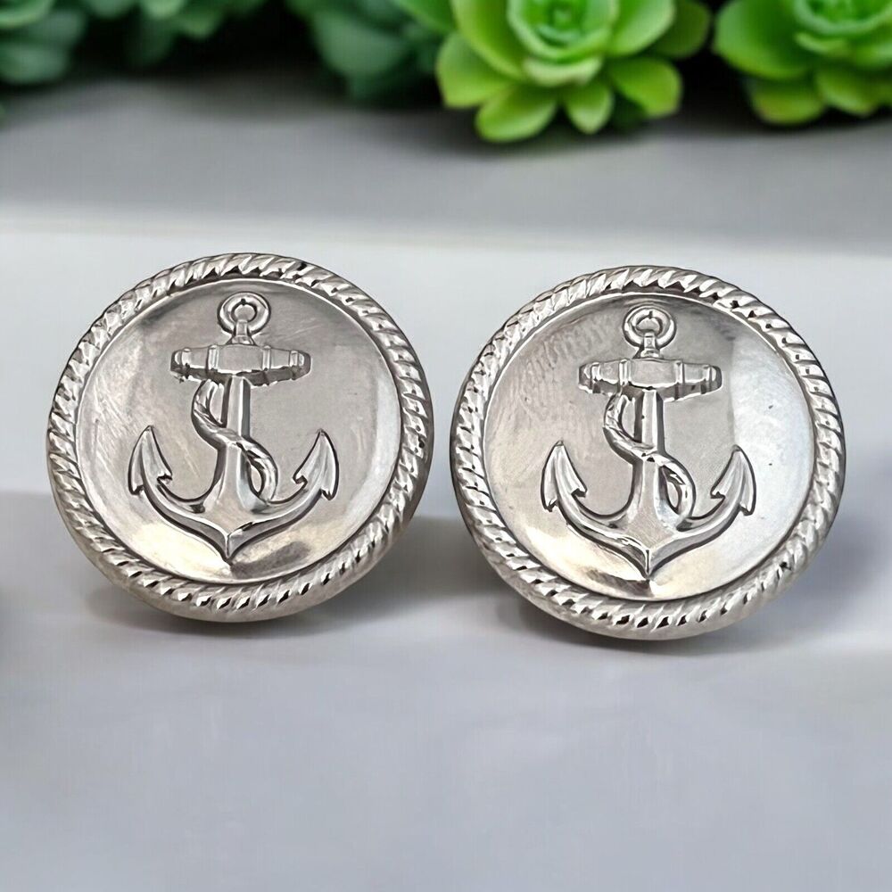 Vintage 1980s Anchor Earrings Nautical Coin Style Silver Tone Pierced - 7Q